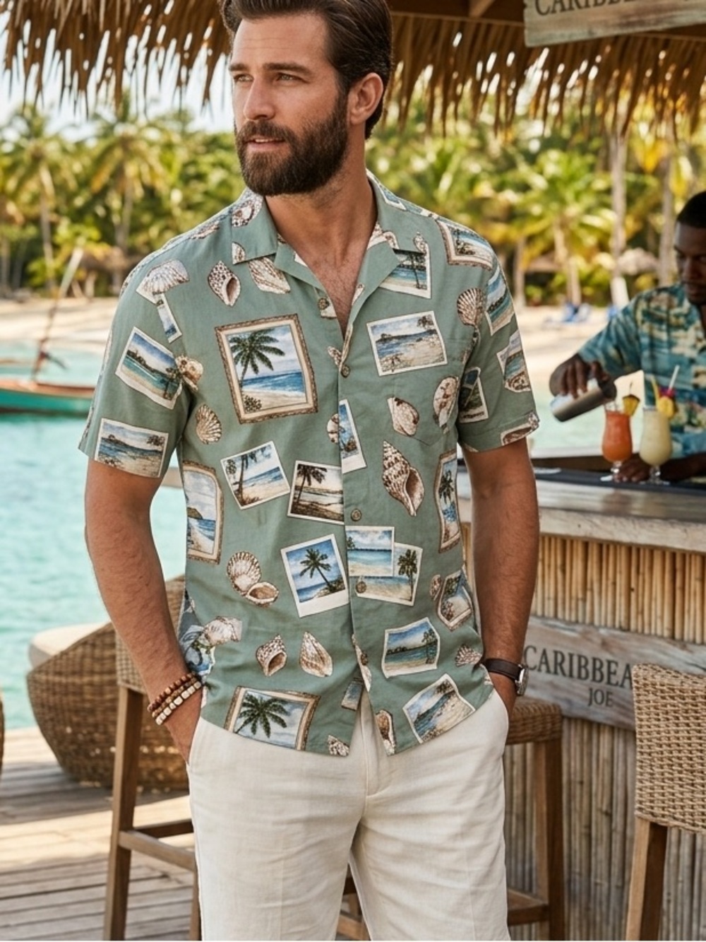 Caribbean Joe Postcard Print Hawaiian Camp Shirt Medium